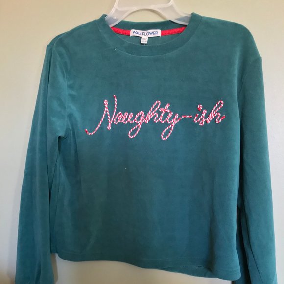 NWT Christmas WALLFLOWER brand "Nauty-ish" Plush Sweatshirt in Teal - Picture 1 of 4